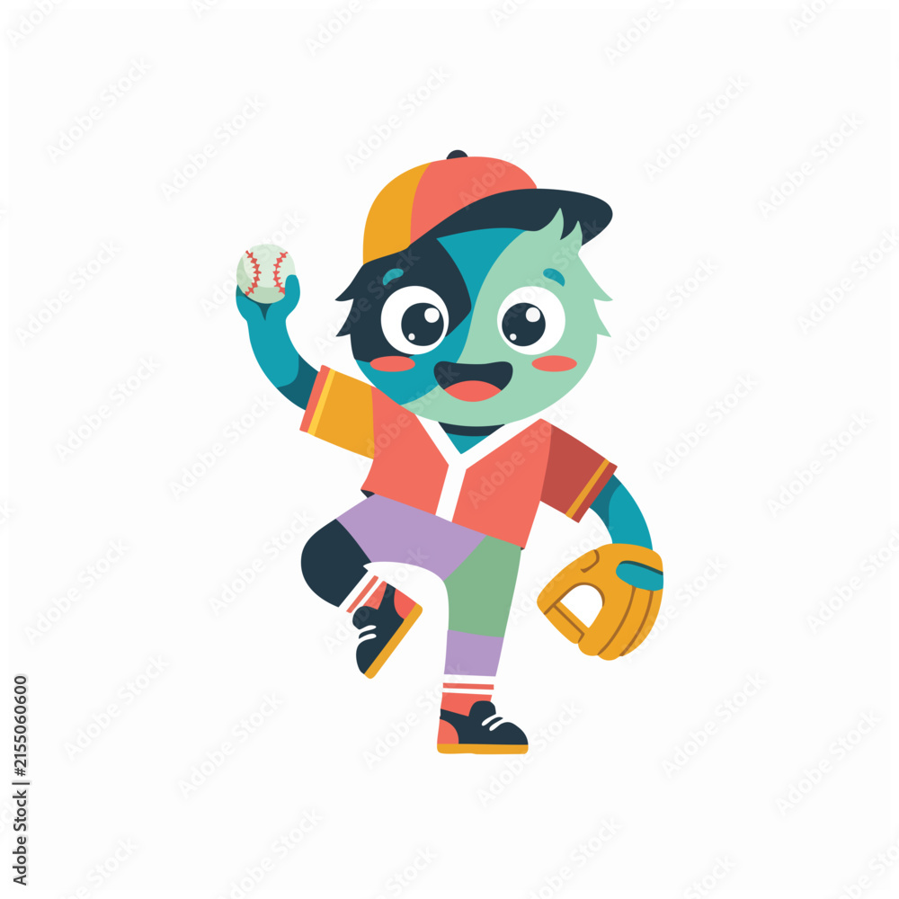 Obraz premium Playful cartoon baseball mascot with vibrant cap and glove on white background, concept for youth sports team branding and athletic tournament poster design
