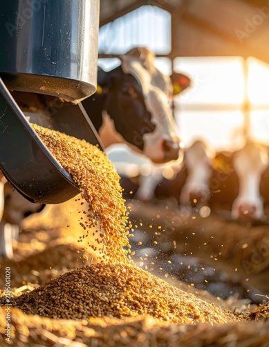 Automated grain dispensing in dairy farm barn at sunrise, cow feeding process, agriculture industry, livestock nutrition, sustainable farming practices