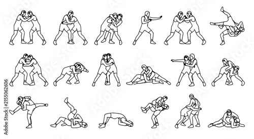 Dynamic Greco Roman wrestler fighting poses black and white line art vector collection for sports competition
