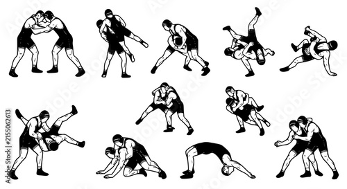 Greco Roman wrestling silhouette and contour vector collection showing powerful athletes in active sports poses