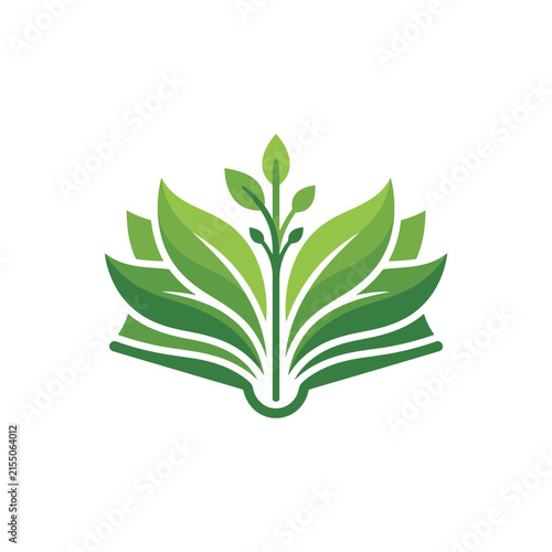 Symmetrical green book icon formed by layered leaf pages.