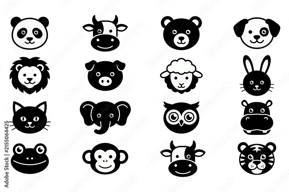 Fototapeta premium Set of cute black animal face vector icons isolated on a clean white background, featuring panda, cow, bear, dog, lion, pig, sheep, rabbit, cat, elephant, owl, hippo, frog, monkey, and tiger.