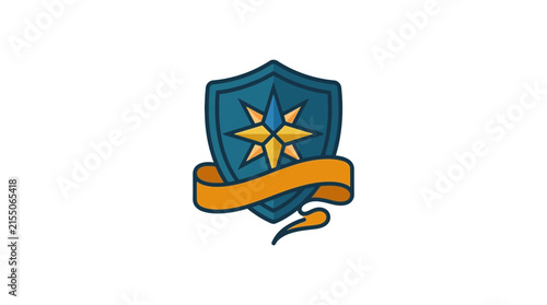 Blue shield icon with compass star ribbon.