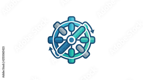 Blue ship wheel with rotation arrows.