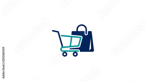 Blue shopping cart and paper bag retail icon.