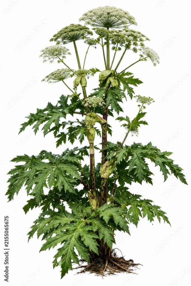 Fototapeta premium Tall flowering hogweed plant with large green leaves and white blooms isolated on white