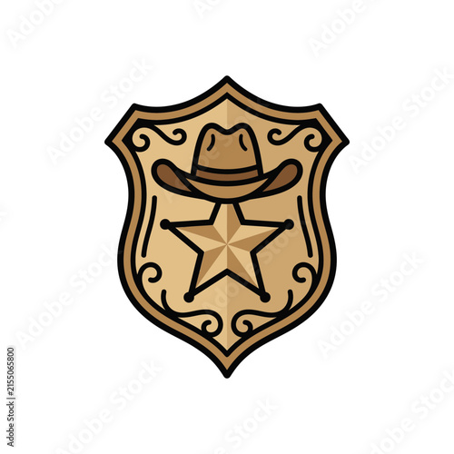 Western sheriff badge with cowboy hat and star icon