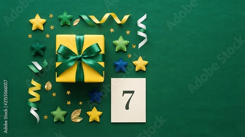 A Festive 7th Birthday Surprise: A bright yellow gift box adorned with a green ribbon, surrounded by stars, confetti, and a number 7 card, all set against a rich green backdrop.