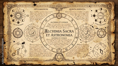 Vintage alchemy and astronomy parchment diagram with celestial symbols.