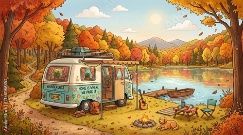 Van life camping scene by autumn mountain lake.