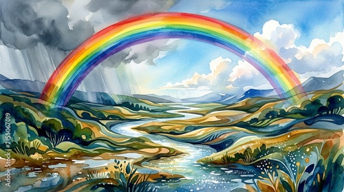 Vibrant watercolor landscape featuring river and bright rainbow.