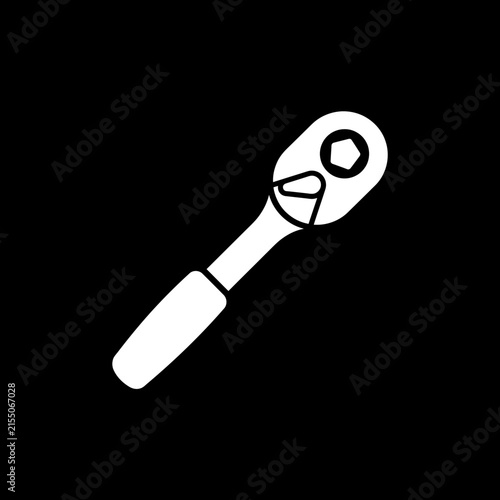 White ratchet wrench icon on black background.