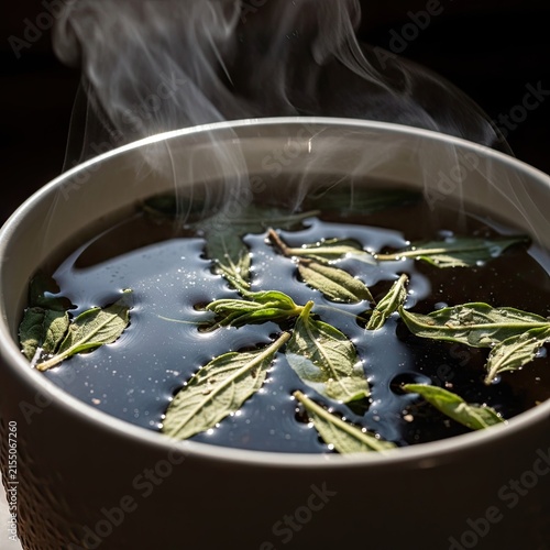 Steaming herbal mint tea in dark ceramic cup.