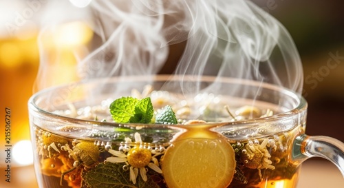 Steaming herbal tea with fresh mint and lemon slices.