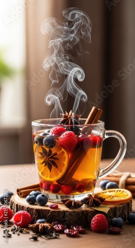 Steaming hot berry tea with cinnamon and fresh fruit.