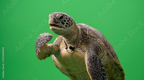 Realistic sea turtle acting as a news reporter holding an invisible microphone on a greenscreen background, funny animal journalist isolated for chroma key video production and editing.