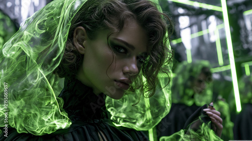 Woman Surrounded By Luminous Green Smoke In Forest