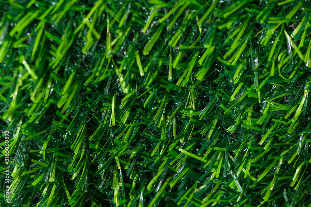 Fototapeta premium Lush synthetic grass stretches across the floor of a sunny garden, its vivid green hues glistening in the light. The blades sway gently, offering a lively and fresh appearance, perfect for an inviting
