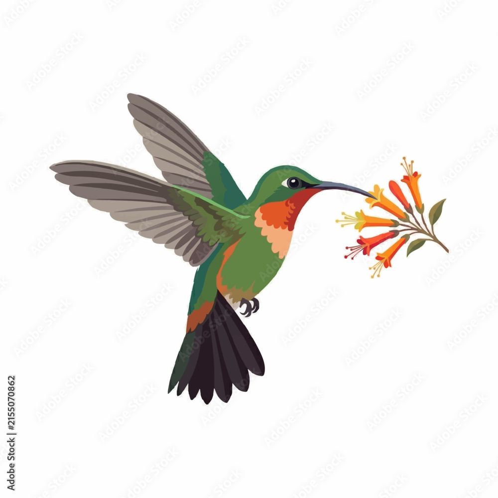 Fototapeta premium Colorful Hummingbird Feeding on Bright Flowers - Flat Vector Illu