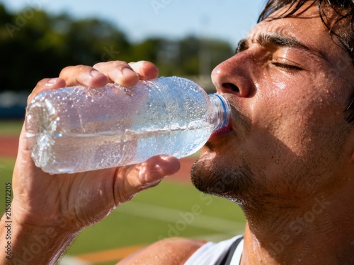 A sweaty athlete drinking cold water from a clear plastic bottle after an intense outdoor workout.
