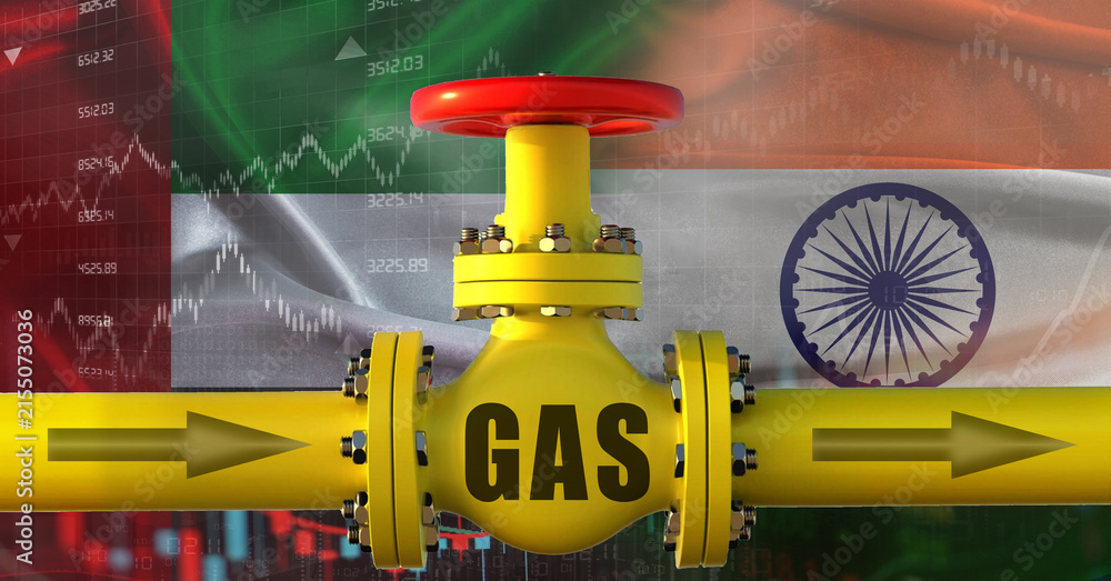 Fototapeta premium Emirati gas export pipeline to India. Gas exports from the United Arab Emirates to India on financial chart
