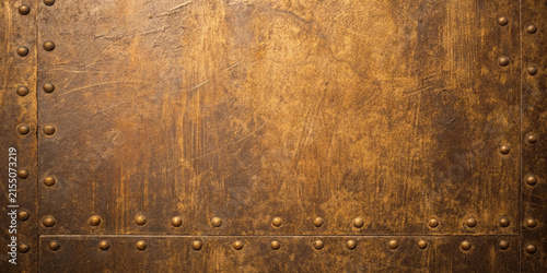 Riveted metal panel with distressed texture and warm lighting creating a rustic industrial backdrop