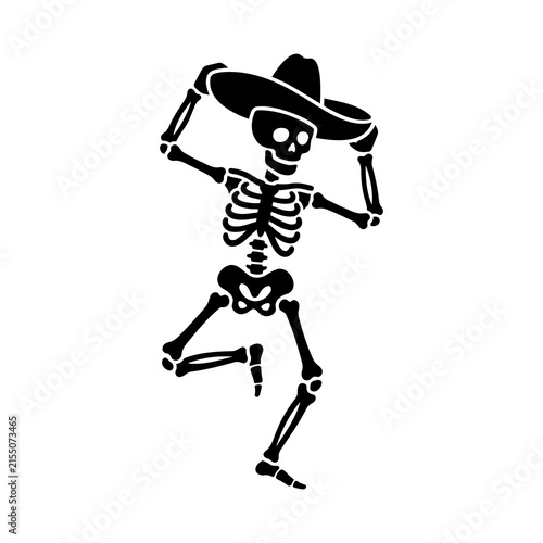 Foto Skeleton wearing sombrero adjusting hat dancing playfully dia de los muertos