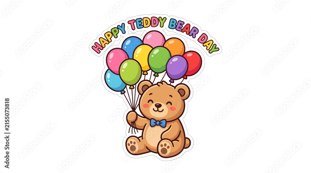 Fototapeta premium Cute Cartoon Teddy Bear Holding Colorful Balloons for Celebration