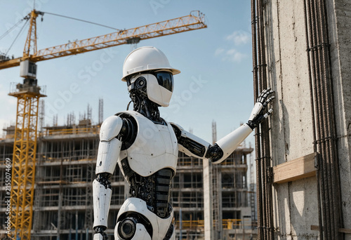Humanoid autonomous robot inspector standing outdoors in front of modern glass building construction site
