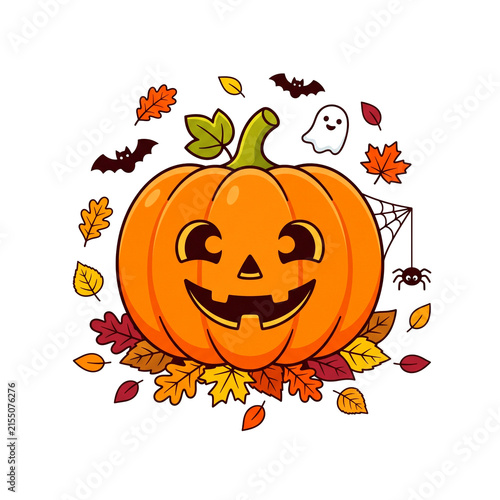 Cute Halloween Pumpkin with Ghost, Bats, Spider and Autumn Leaves