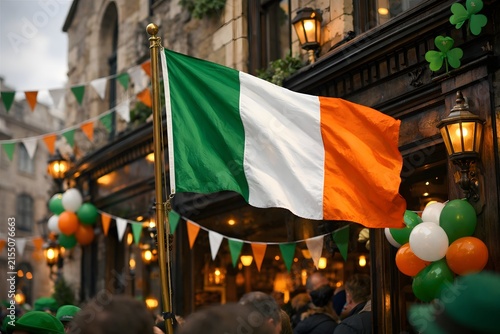 Irish Flag Waving Outside Pub Decorated for St Patricks Day Celebration