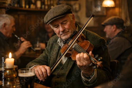 Elderly Irish Man Playing Violin in Pub with Candlelight and Beer