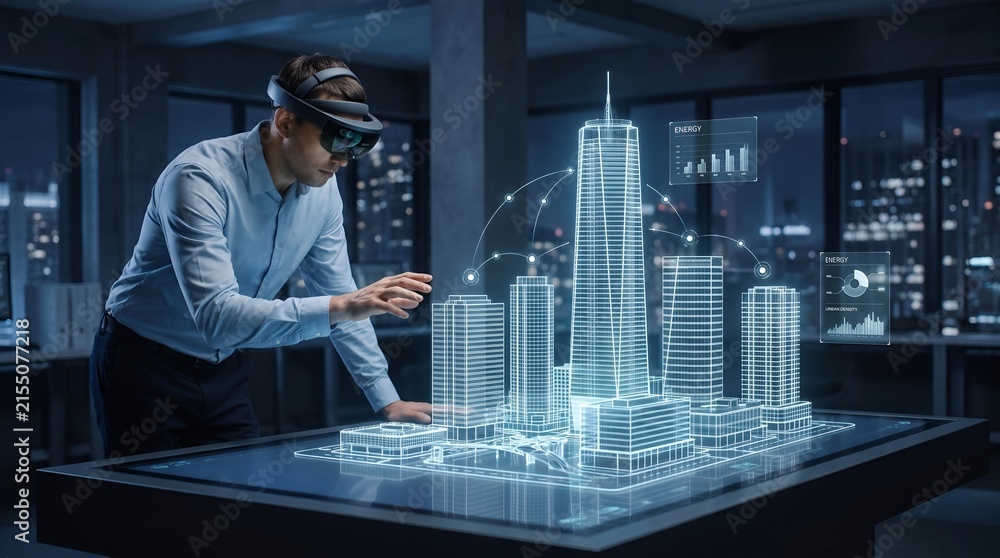 Fototapeta premium Smart city energy management visualization featuring an engineer using an augmented reality headset to analyze urban density and power consumption