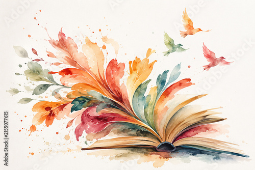 AI generated open book colorful watercolor leaves flying birds expressing imagination creativity knowledge learning inspiration freedom storytelling