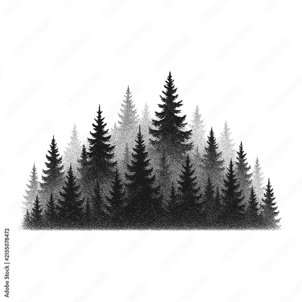 Obraz premium Stippled black-and-white silhouette of a dense conifer forest with layered pine and fir trees, pointillist texture and misty gradient forming a triangular woodland composition