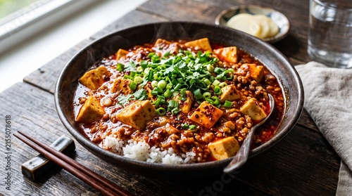 Spicy Tofu and Minced Meat Dish: A visually appealing bowl of Mapo Tofu, a classic Sichuan dish featuring silken tofu cubes and savory minced meat in a vibrant, chili-infused sauce.