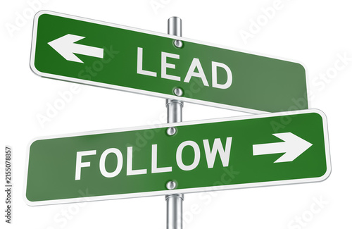 Lead or Follow, road signs pointing in opposite directions. 3D rendering