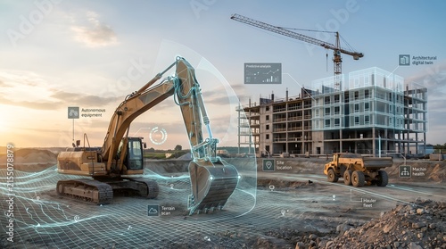 Digital twin construction site with excavator and building wireframe representing smart architecture BIM software and automation