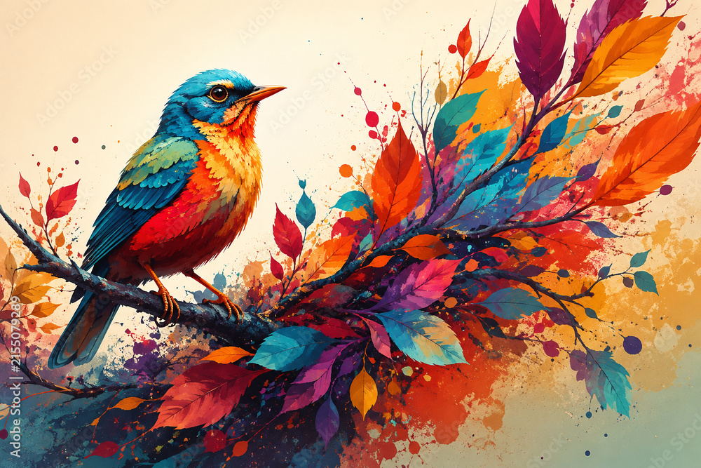 Obraz premium AI generated colorful bird perched branch surrounded by vibrant autumn leaves expressive paint splashes creating lively nature inspired artwork