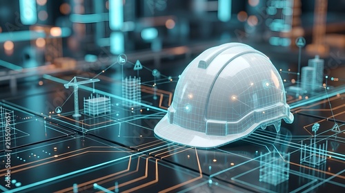 Digital infrastructure planning concept with hard hat on futuristic electronic circuit layout showing virtual building models and construction data