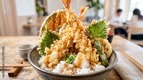 Close-up of delicious Japanese tempura rice bowl with crispy shrimp and vegetables on a wooden table in a restaurant