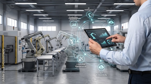 Smart factory automation dashboard on digital tablet showing industrial analytics and robotic production line management