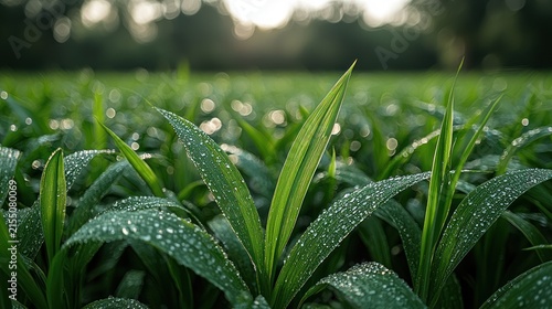 Close-up of green plants, water droplets, sunlit background, natural environment
