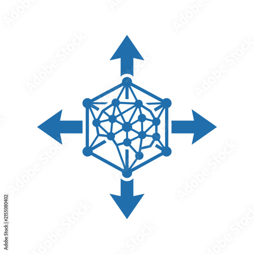 A blue digital brain icon with four directional arrows pointing outward
