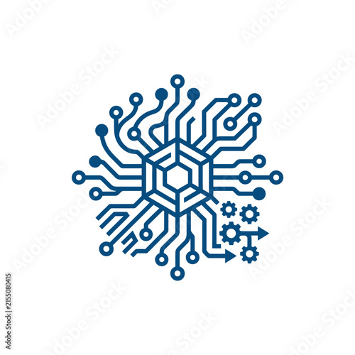 A blue digital circuit board icon on a white background