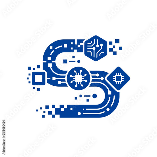 A blue digital circuit board icon on a white background