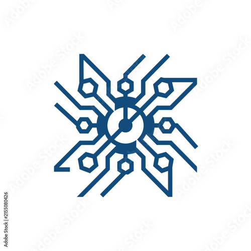 A blue digital circuit board icon on white background