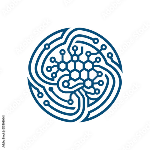 A blue digital circuit board pattern inside a circular frame