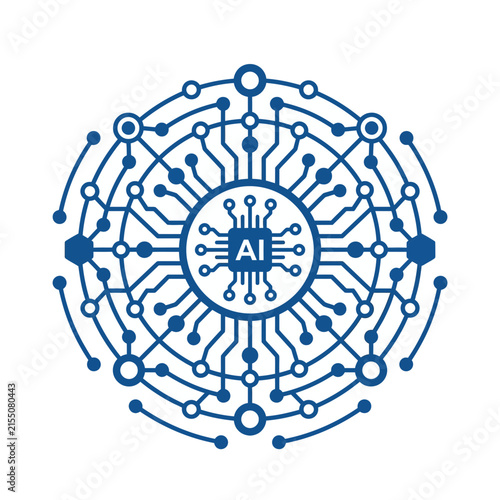 A blue digital circuit board pattern forms a circular design