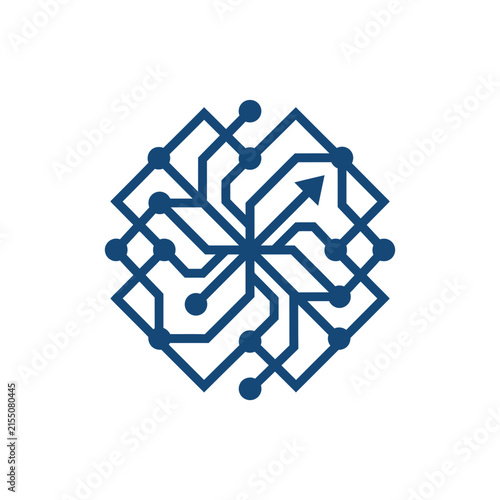 A blue digital circuit board pattern on a white background